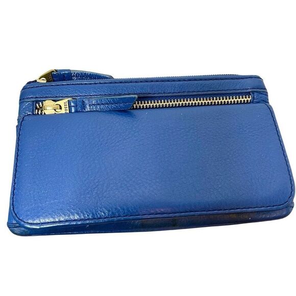 FOSSIL Blue Pebbled Leather Snap Close‎ Bifold Wallet Zip Card Pockets SWL1262 - Picture 1 of 8